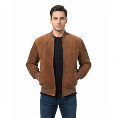 CLOTHCRUSH Men’s Classic Brown Suede Bomber Jacket