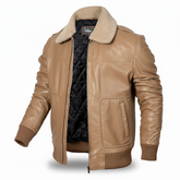 CLOTHCRUSH Men's Shearling Collar Brown Leather Bomber Jacket
