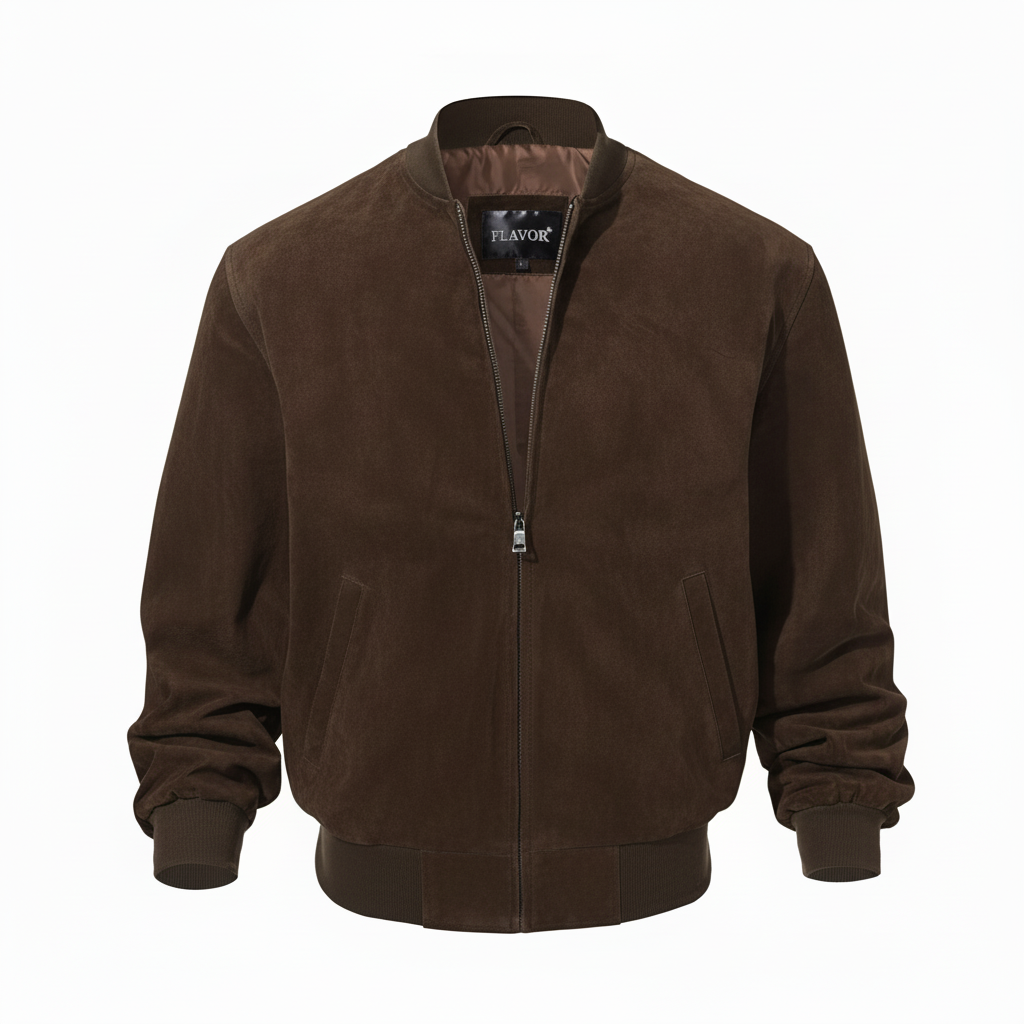CLOTHCRUSH Men’s Classic Brown Suede Bomber Jacket